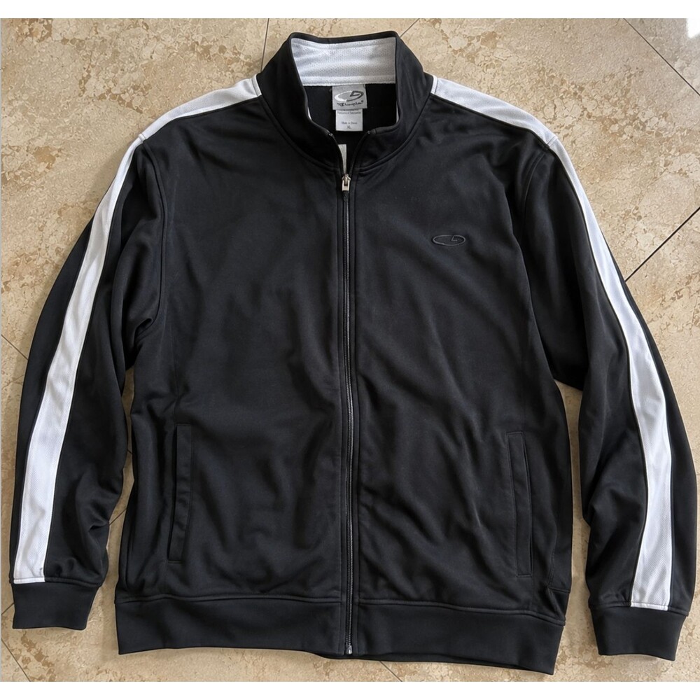 Champion Mens Athletic Full Zip Track Jacket Polyester Black XL White Stripe Y2K